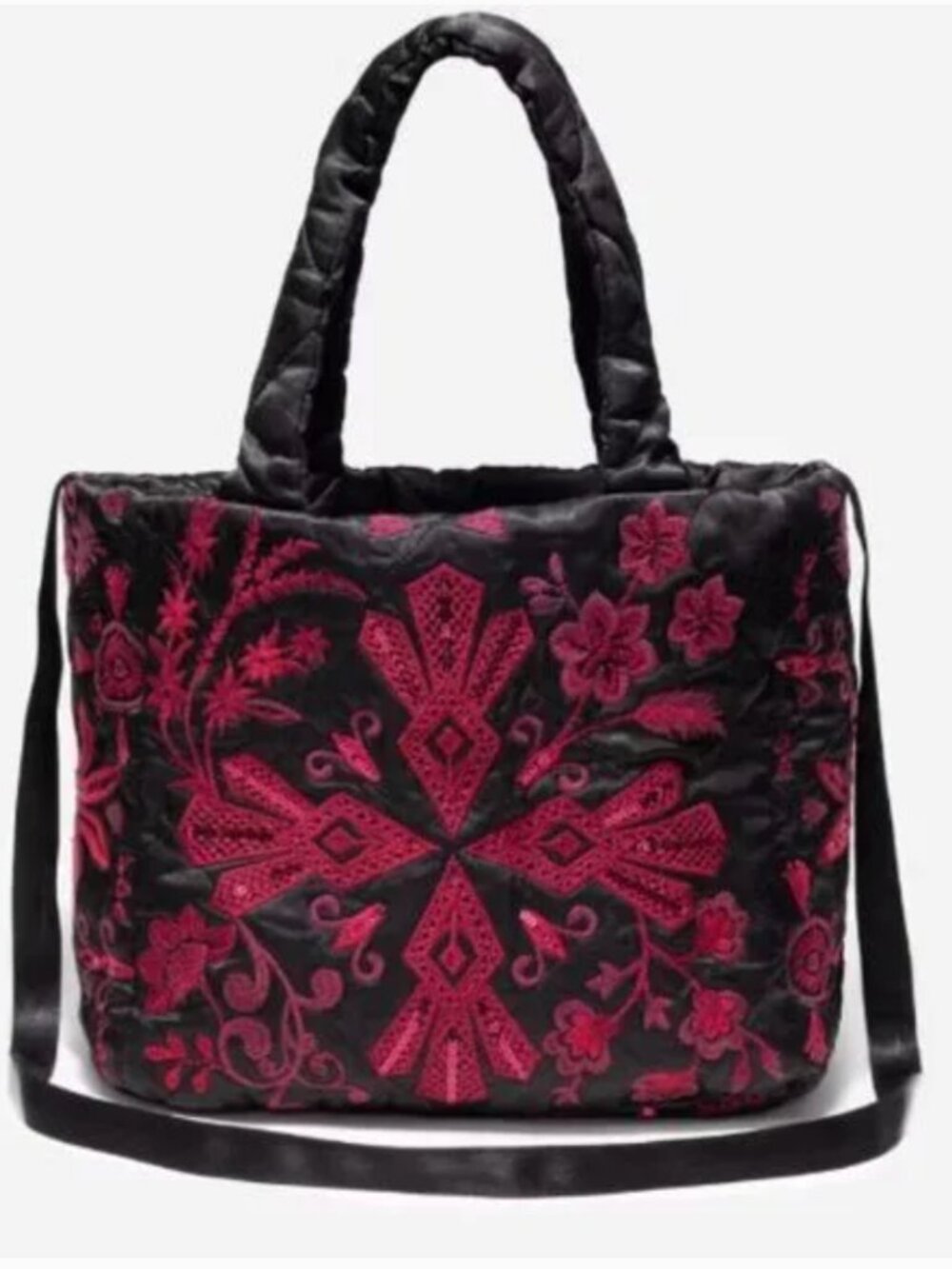 Johnny Was Annalina Quilted Tote Handbag Sequin Jewel Black Red NWT